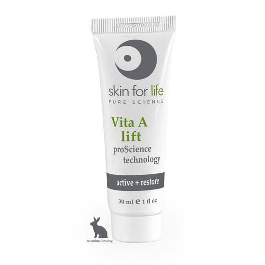 May be an image of text that says 'skin for life PURE PURE SCIENCE Vita A lift proScience technology active restore 30 ml oz oanimal testing'