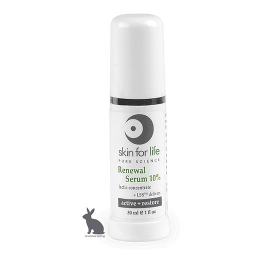 May be an image of text that says 'skin for life PURE SCIENCE Renewal Serum 10% lactic concentrate +LSSTM delivery active+ restore oz anima noanimaltesting test'